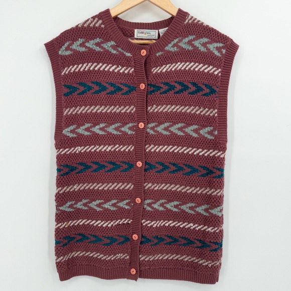 Georgiou's Tall Girl Sportswear Jackets & Blazers - Vintage Grandpa‎ Sweater Vest Womens L Tall Indie 80s Chevron Burgundy Layering
